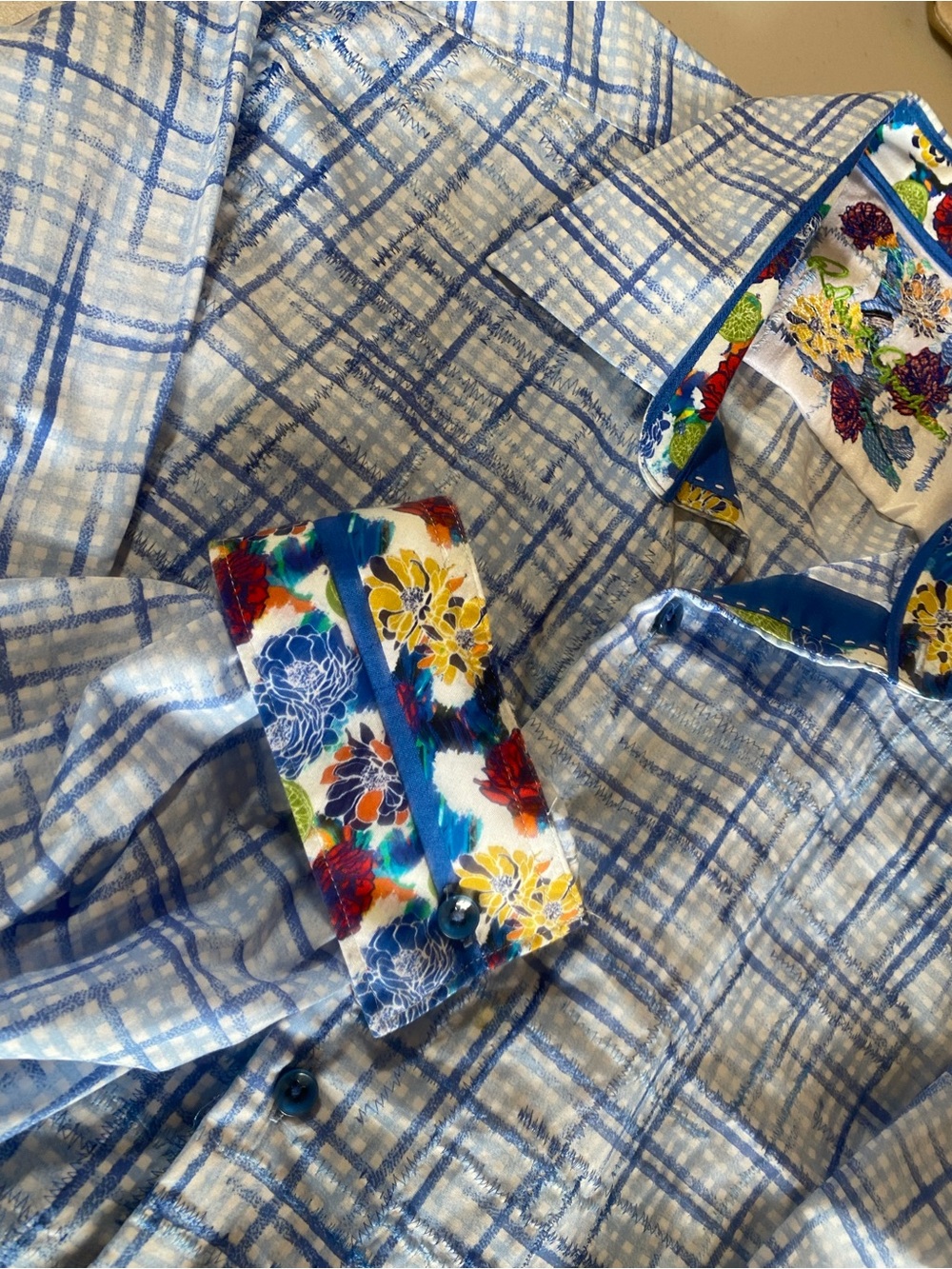 Robert Graham Light Blue Plaid Shirt with Floral Contrast